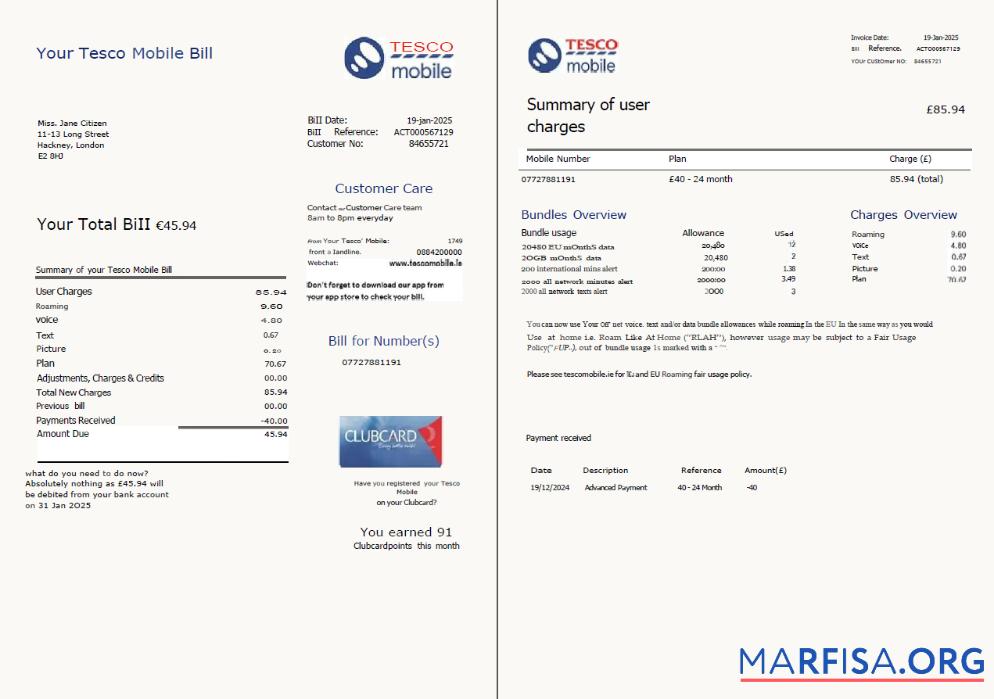 Downloadable United Kingdom Tesco Mobile utility bill template in Word and PDF formats, 2 pages, version 2
